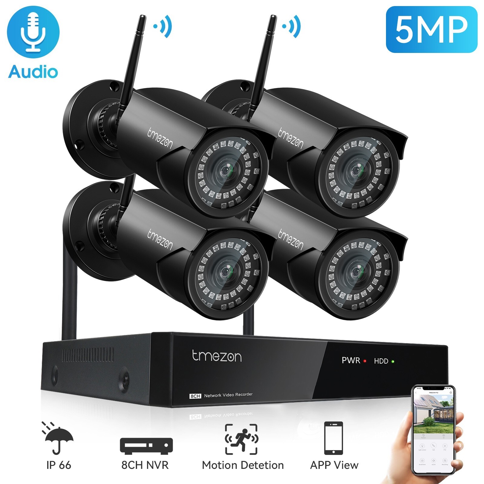 TMEZON 5MP Security Camera System Outdoor Wireless Audio Wifi Home CCTV 8CH NVR