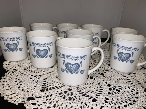 Vintage Corelle Corning Ware BLUE HEARTS Set of 9 Coffee Cup/Mugs