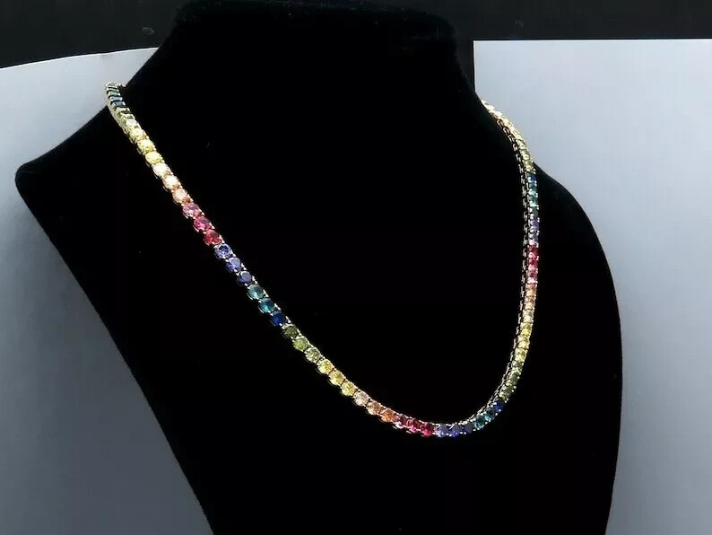 Women's 15ct Simulated Multi-Gemstone Tennis Necklace in 14k White Gold Plated