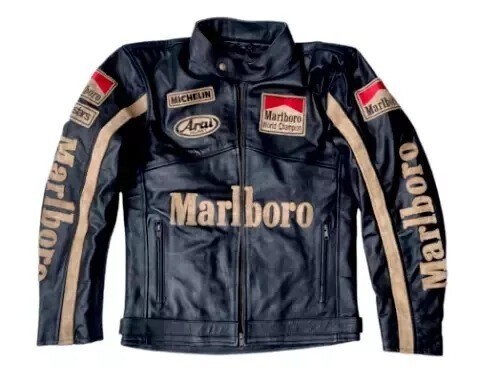 ジャケット・アウター Marlboro Cow Leather varsity jacket Men Marlboro Leather Jacket Motorcycle Racing Blake Black