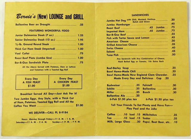 Original Vintage Menu BERNIE'S LOUNGE &amp; GRILL Miami Florida | eBay