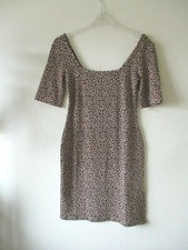 WAREHOUSE DRESS Camel Black Animal Print Rib Stretchy Bodycon Mini Sz 10 New
