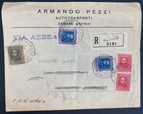 1936 Asmara Eritrea Italy Airmail Commercial Cover To Los Angeles CA Usa