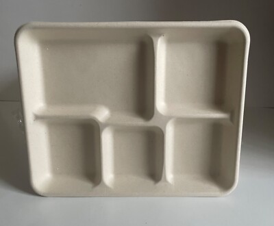 100/400 - 5 Compartment Lunch Tray Plate 10'' x 8'' BBQ, School Sturdy Compostable