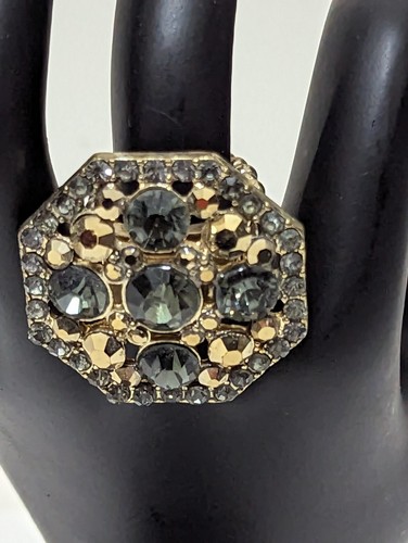 Oversized Fashion Rhinestone Gray Gold Hexagon Statement Cocktail Stretch Ring - Picture 2 of 6