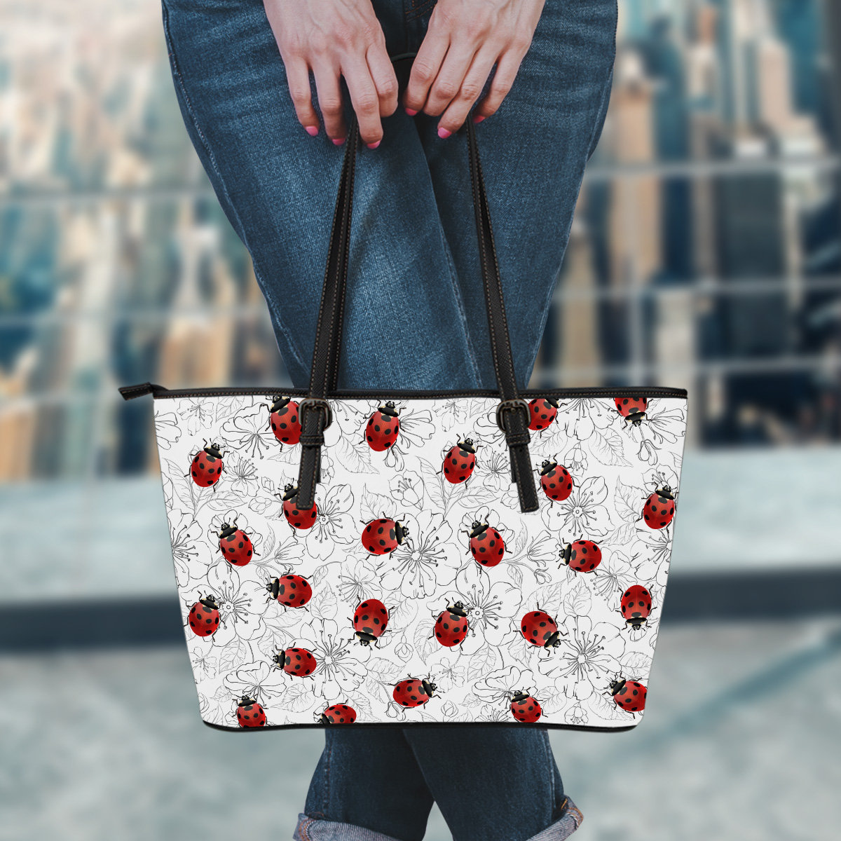Ladybugs & Flowers Book Beach Shopping Leather Tote Bag, Ladybird