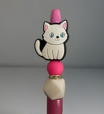 NEW Handmade Beaded Pen - WHITE KITTY CAT/PINK OMBR  PEN - Blk Ink - Free Refill