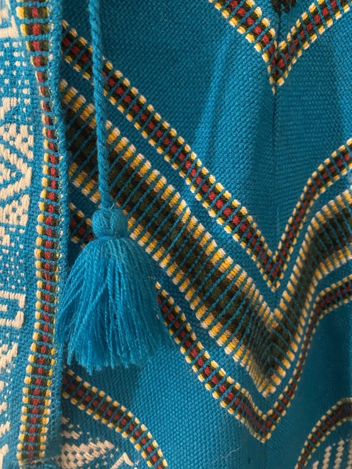 Poncho tejido algodón vintage talla única azul cuello flecos capa boho suroeste Foto 4 de 4