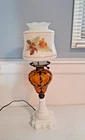 Vintage Amber Glass Electric Hurricane Table Lamp w/ Milk Glass Base-Not Working