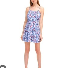 Calvin Klein Jeans Womens Blue Floral Mini Dress V-Neck Spaghetti Strap NWT L