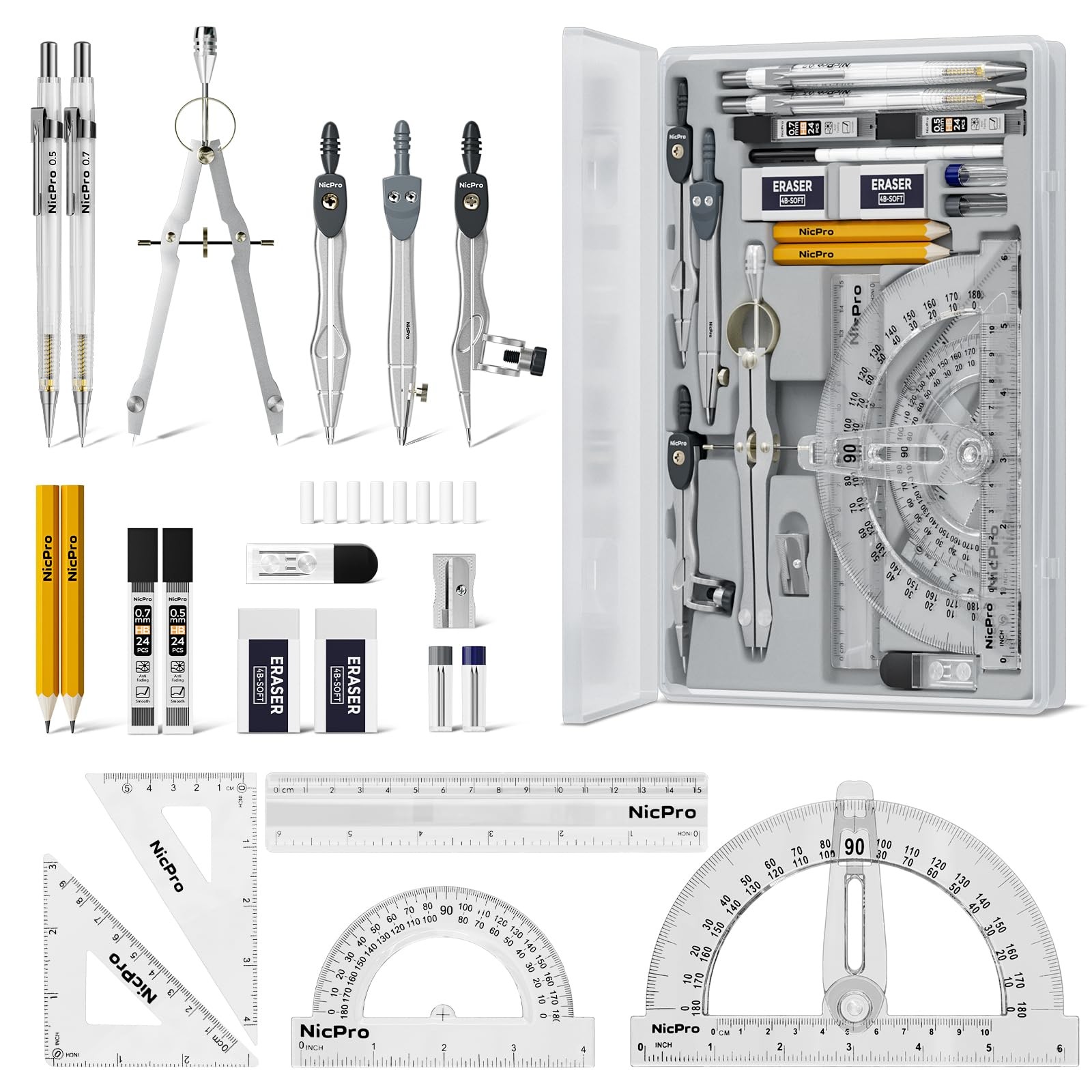 22 PCS Compass Geometry Tools with Case, Drafting Tools Geometry Set with Swing
