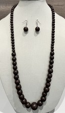 Boho Wooden Brown Beaded Single Strand Necklace w/Matching Earrings