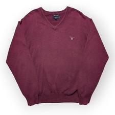 Gant Cotton V-Neck Sweater Mens L Burgundy Preppy Americasual Vintage