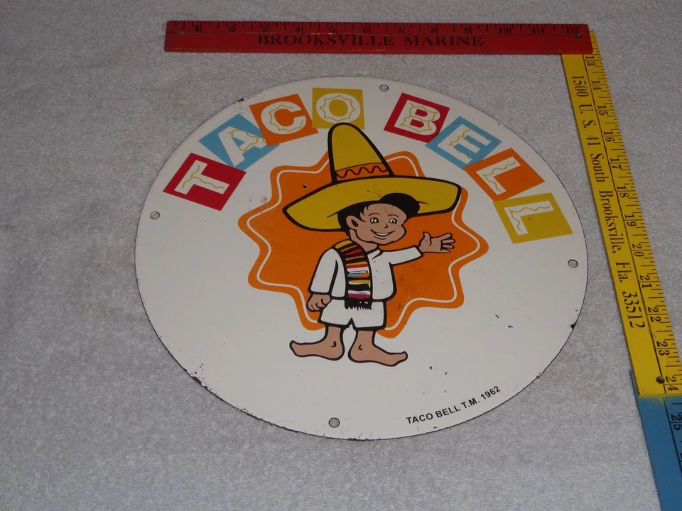 VINTAGE 1962 TACO BELL & BOY FAST FOOD 11 3/4" PORCELAIN METAL GASOLINE OIL SIGN - Image 2 of 4