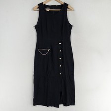 My Michelle Dress Womens 11/12 Black Sleeveless Linen Rayon Buttons Midi Vintage