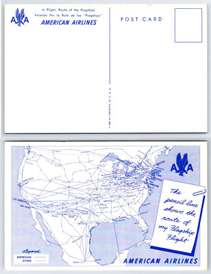 [D6] Postcard Unused, American Airlines Route Map