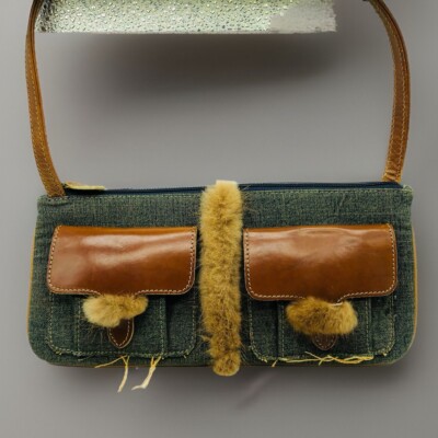 Abaco France Womens Denim Leather Purse Hobo Shoulder Fur Accent Wristlet 90s