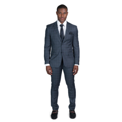 Slim Fit Charcoal Windowpane Plaid 2 Button Notch Lapel Mens Suit 18335 AZAR 