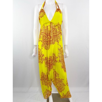 Katharine Story Yellow Paisley Silk V Neck Harem Jumpsuit One Size