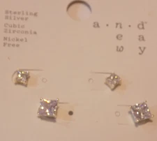 2 pair Princess Square Cut CZ Crystal Stud Earrings 925 Sterling  Silver (103)