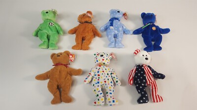 7 x Beanie Babies Bears 1999 Holiday Teddy Clubby Curly TY 2K Fuzz Kicks Spangle