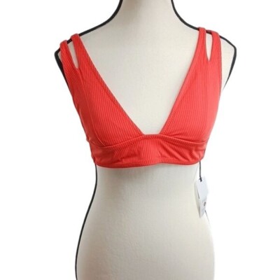 Shade & Shore Bikini Top Red Ribbed Split Straps Removable Pads Womens Size M