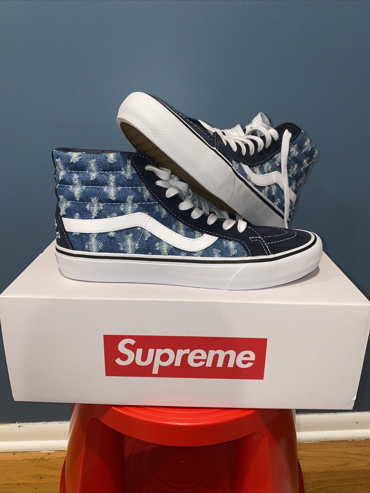 Size 10 VANS Sk8-Hi x Supreme Blue Hole Punch Denim 2020 | eBay