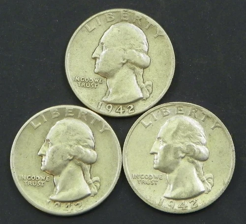 1942 P D S Washington Quarters VF/XF #2 90% Silver (3 Coins)