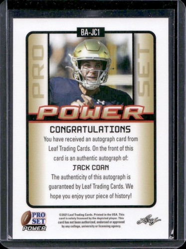 Jack Coan 2021 Leaf Pro Set Power Teal Auto Autograph Rc /99 - Picture 2 of 3