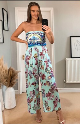 ZARA XS WOMAN FW23 STRAPLESS PRINTED JUMPSUIT MULTICOLORED | 7953