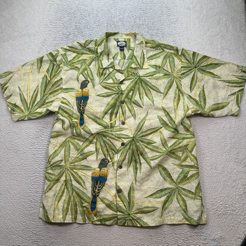 Tommy Bahama Hemd Herren Gr. XL Leinen Vögel Pflanze Knopfleiste Kurzarm