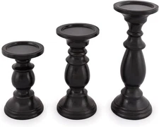 Set of 3 Farmhouse Mango Wood Candle Holders, in Black Finish for Table 