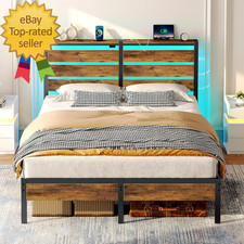 Bed Frame Full Size with USB Charging Station LED Bed Frame with Wood Storage H