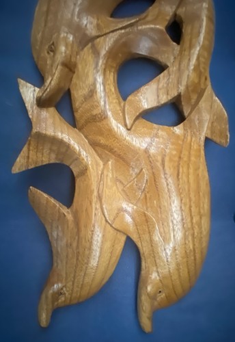 Vintage handgeschnitzte Holzschote Delfine Wandkunst Dekor 14,5 Zoll - Bild 3 von 6