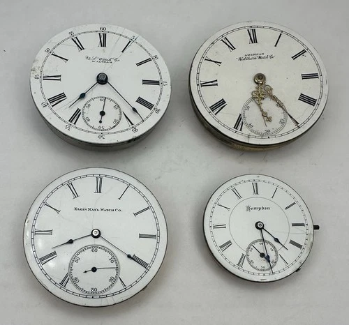 4 Antique Pocket Watch Movements American Waltham(2) Elgin Hampden - Parts Lot