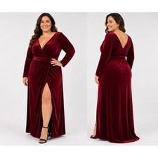 Azazie Cabernet Red Velvet Long Sleeve V-Back Maxi Formal Dress A24 Plus Size