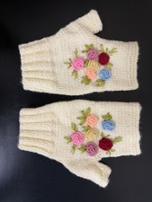 Hand Knit Fingerless Gloves Women Floral Embr...