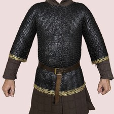 9MM Chainmail Haubergeon Riveted Viking Shirt Brass Trim Armor