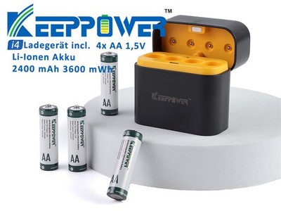 Keeppower I4 Ladegerät mit 4× 1,5V AA Li-Ion-Akkus   USB-C Eingang