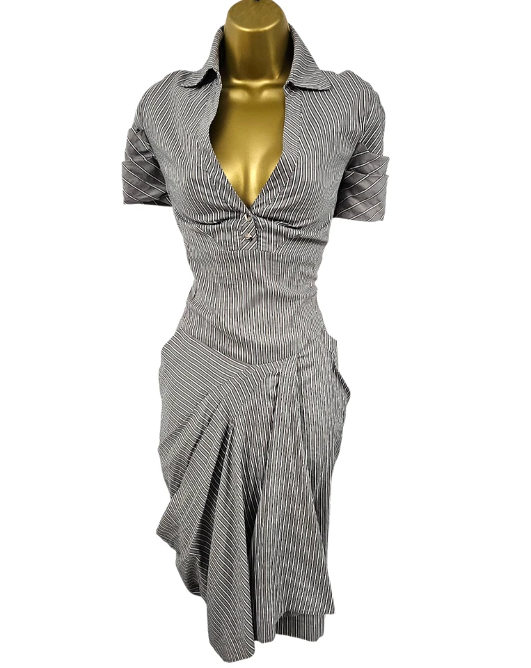 Karen MIllen 16 UK Vintage Grey Cotton Pinstripe Drape Pleat Safari Shirt Dress - Image 3 of 4