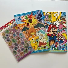 Pokémon Super Mario Japanese Coloring Books + Sticker Sheet Nintendo Lot DAISO