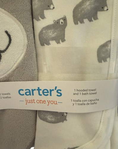 Carter's Just One You Hooded Towel & 1 Bath Towel Grey And White Bear Theme. - Picture 2 of 5