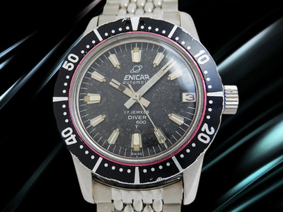 Enicar Diver 600T Cal.AS1145 SS Black Dial Automatic 17Jewels Date Vintage Men's