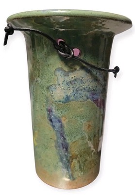 Art Pottery Cylinder Vase With Wide Lip 6.5'' Tall Multi-color Drip Glaze