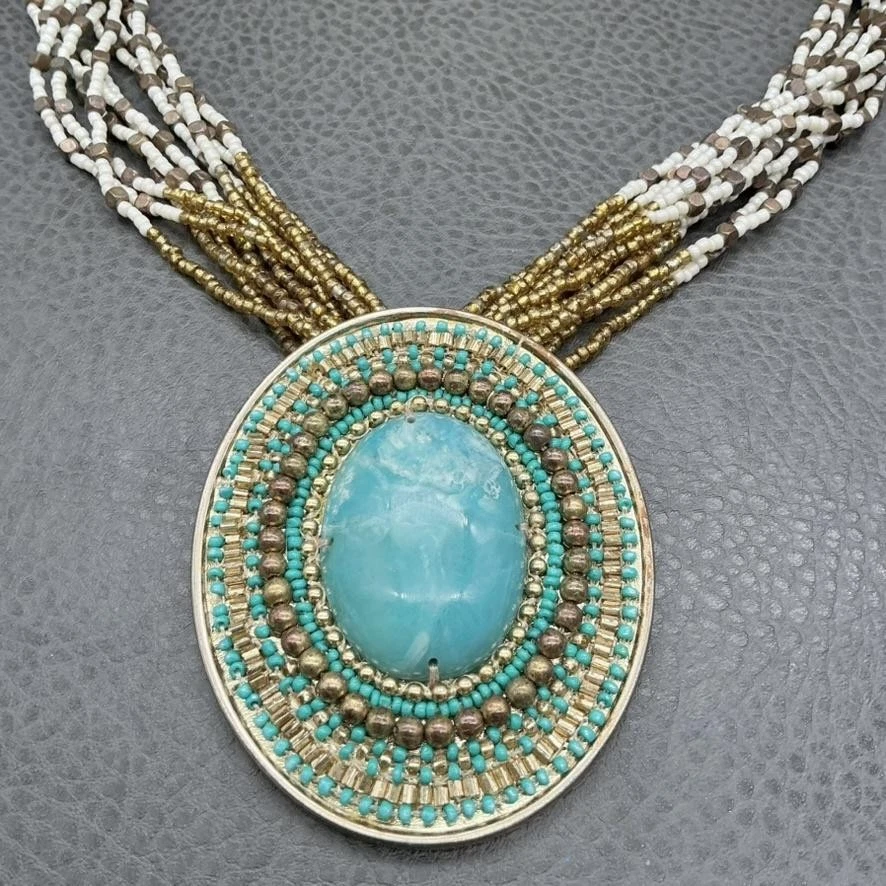 Chico's Multistrand Seed Bead Statement Necklace Turquoise Pendant Gold Tone - Image 4 of 4