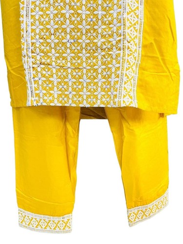 Design Embroidery Kurta Pant With Net Dupatta Women Cotton Blend Straight Suit - Picture 2 of 5