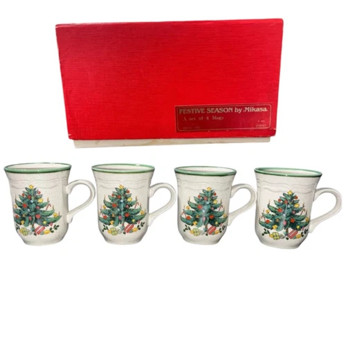 FESTIVE SEASON BY MIKASA VTG 4 MUG SET Christmas IOB