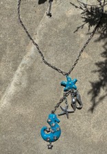 Silver Tone Beach Theme Charm Link Necklace Starfish Seahorse Rhinestone 20"