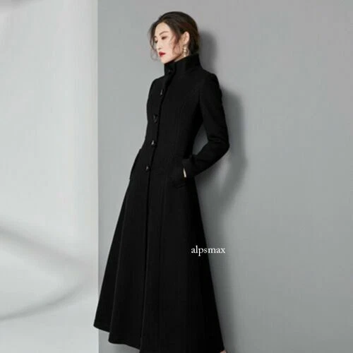 Women Stand Neck Wool Blend Maxi Long Trench Coat Single Breasted