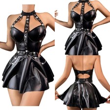 Women's Punk Rock PU Leather Dresses Retro Skater Dress Gothic Metal Clubwear